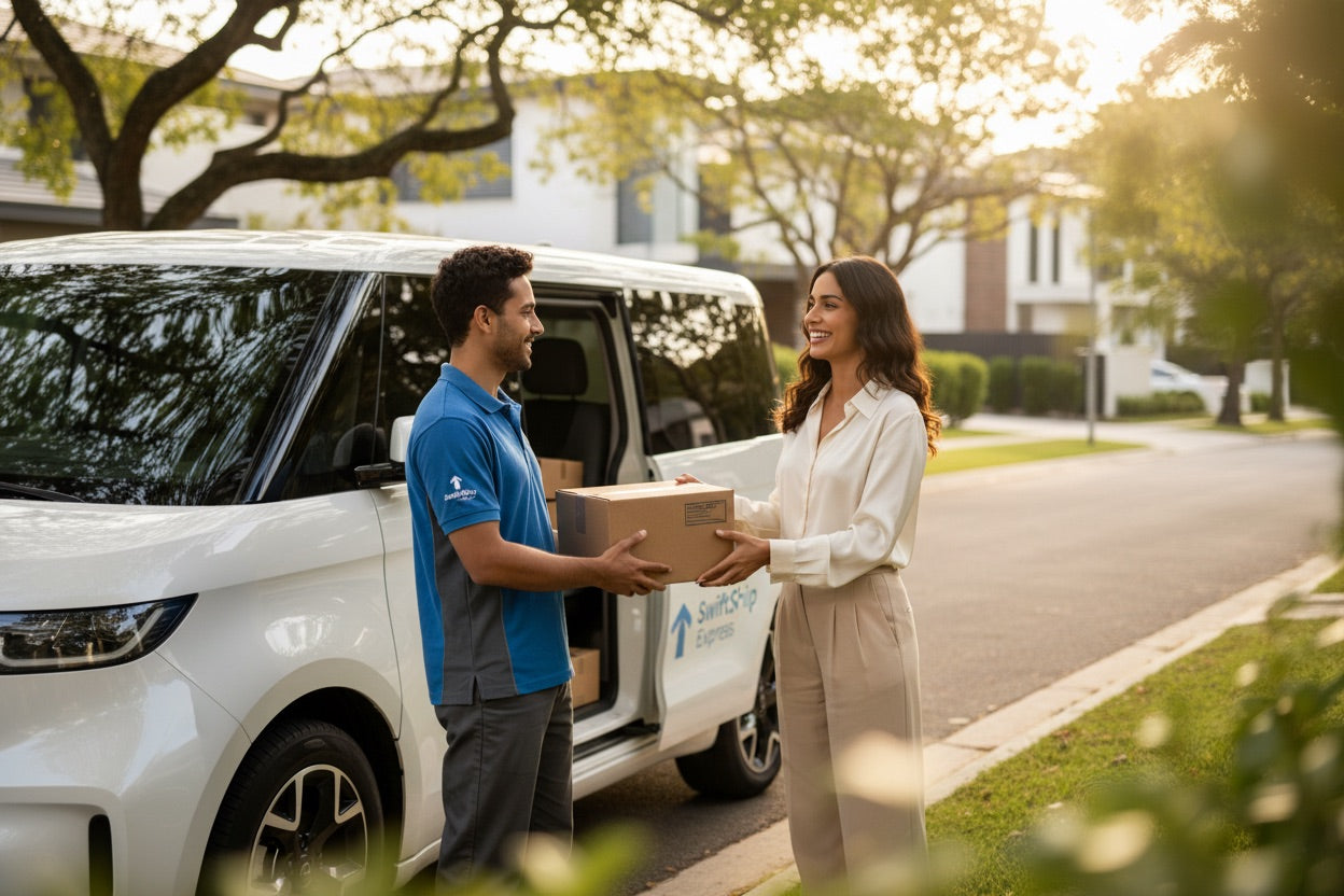 représentation d'une femme récupérant un colis auprès d'un livreur