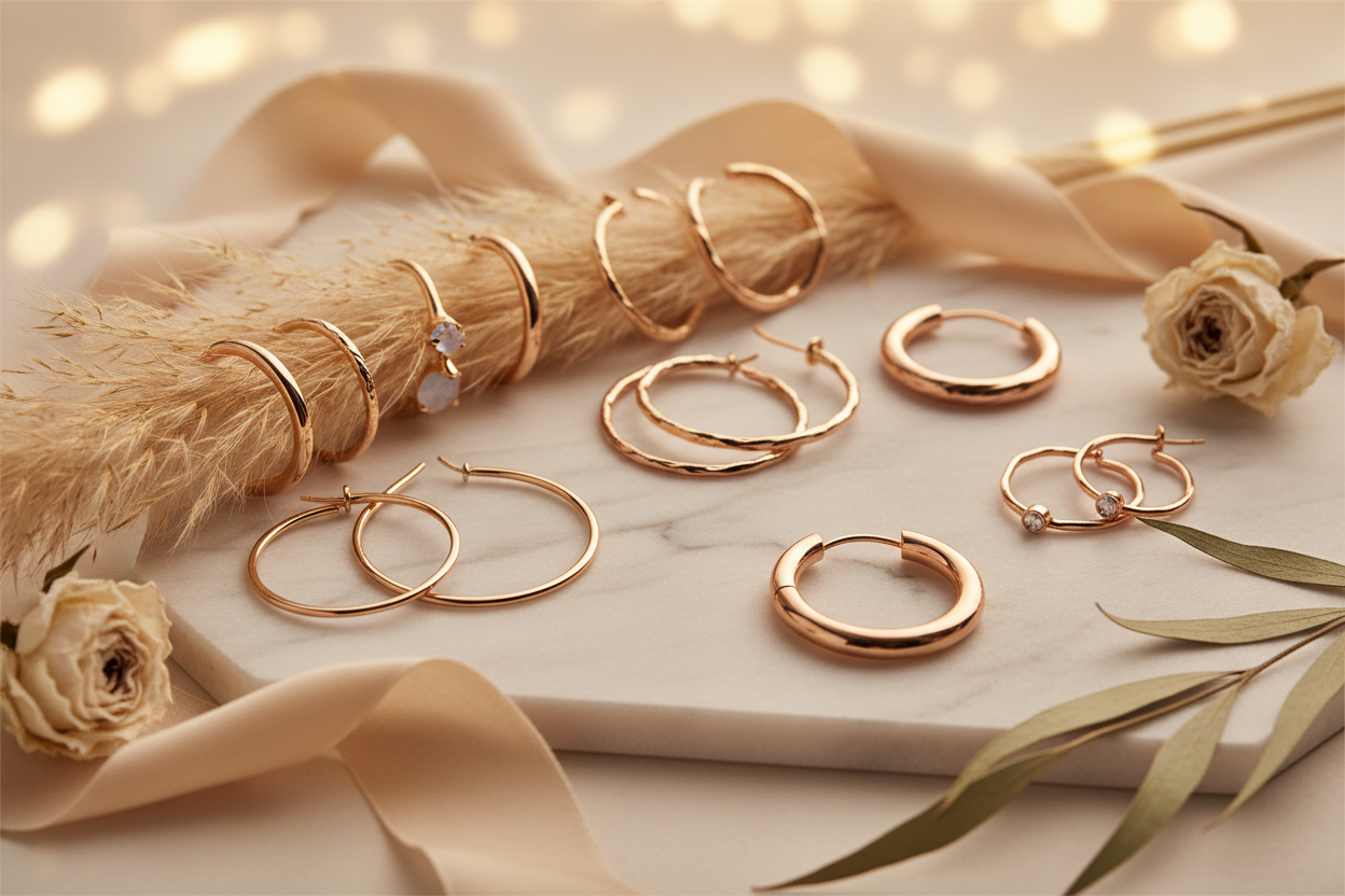 Bannière de collection créoles dorées sur fond nature beige